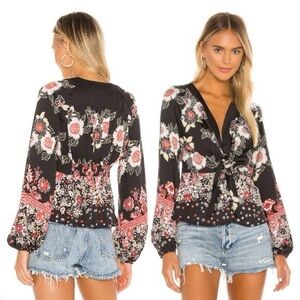 FREE PEOPLE Run Free Satin Blouse Floral Front Tie V-Neck Large